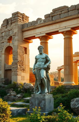An artistic representation of ancient ruins, showcasing crumbling stone walls and weathered columns bathed in soft, warm sunlight