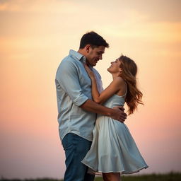 A romantic scene featuring two lovers standing together in each other’s arms