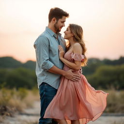 A romantic scene featuring two lovers standing together in each other’s arms