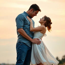 A romantic scene featuring two lovers standing together in each other’s arms