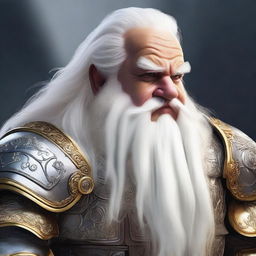 An image of a 4ft tall Hill dwarf, with long, flowing white hair and a matching beard