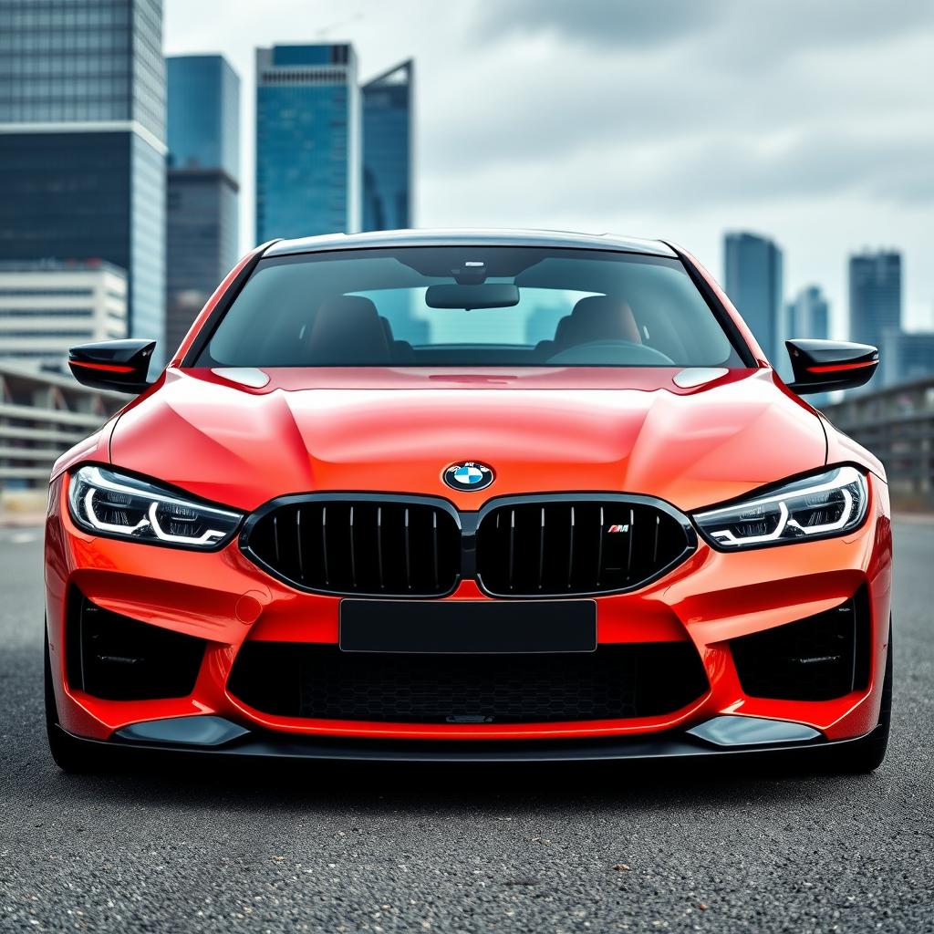 A front view of a BMW M car, showcasing its sleek and sporty lines, powerful stance, and distinctive kidney grille