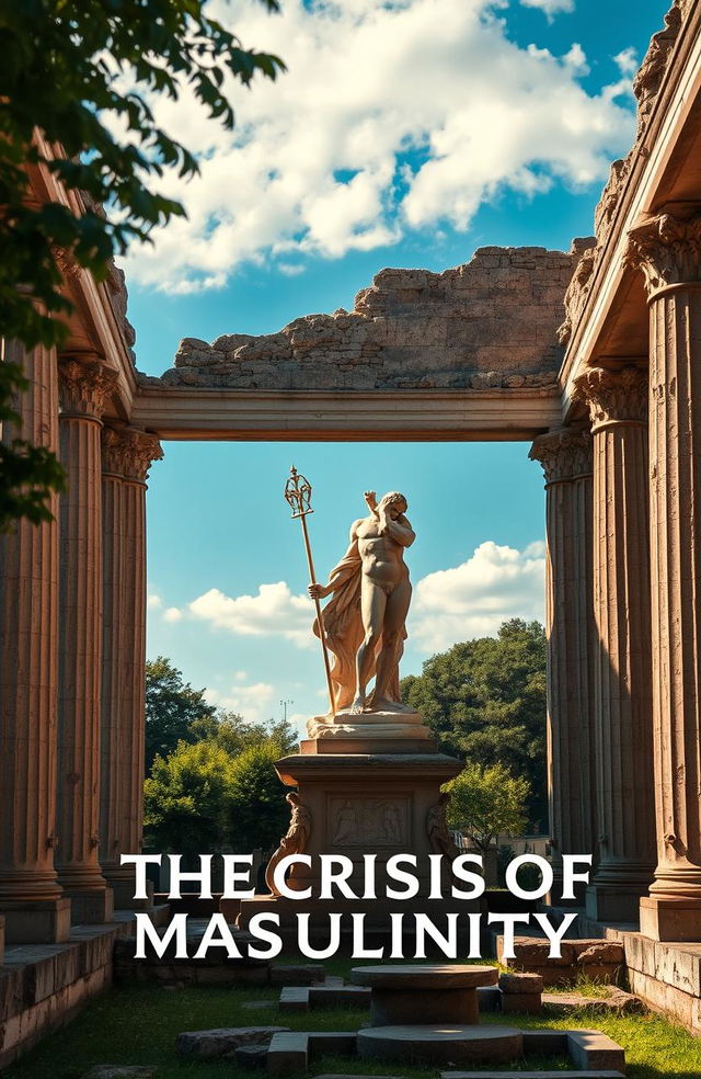 An alluring and beautifully composed book cover image depicting the ruins of an ancient building, featuring a prominent, majestic statue that represents masculinity