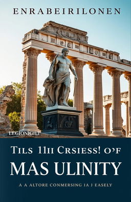 An alluring and beautifully composed book cover image depicting the ruins of an ancient building, featuring a prominent, majestic statue that represents masculinity