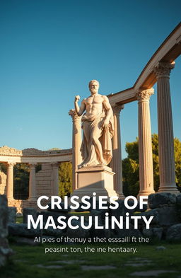 An alluring and beautifully composed book cover image depicting the ruins of an ancient building, featuring a prominent, majestic statue that represents masculinity
