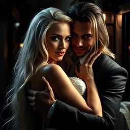 In a dark and alluring backdrop, a striking scene unfolds featuring a white-haired, albino maiden with captivating blue eyes