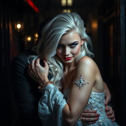 In a dark and alluring backdrop, a striking scene unfolds featuring a white-haired, albino maiden with captivating blue eyes