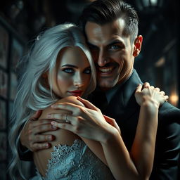In a dark and alluring backdrop, a striking scene unfolds featuring a white-haired, albino maiden with captivating blue eyes