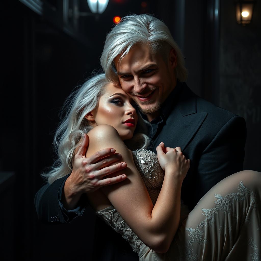 In a dark and alluring backdrop, a striking scene unfolds featuring a white-haired, albino maiden with captivating blue eyes