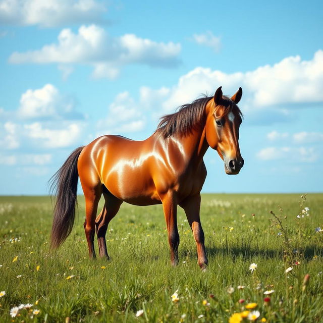 A majestic brown horse standing gracefully in a lush green meadow