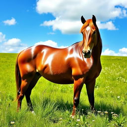 A majestic brown horse standing gracefully in a lush green meadow