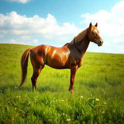 A majestic brown horse standing gracefully in a lush green meadow