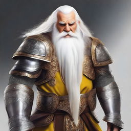 An image of a 4ft tall Hill dwarf, with long, flowing white hair and a matching beard