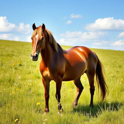 A majestic brown horse standing gracefully in a lush green meadow
