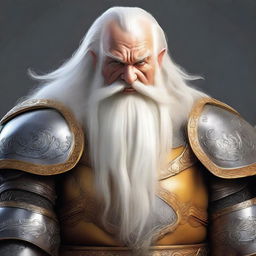 An image of a 4ft tall Hill dwarf, with long, flowing white hair and a matching beard