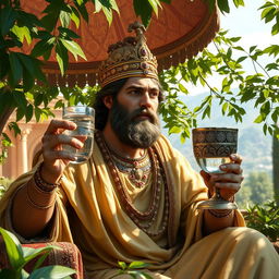 A regal and majestic depiction of Cyrus the Great, the founder of the Persian Empire, portrayed in ancient Persian attire with intricate gold and jewel embellishments