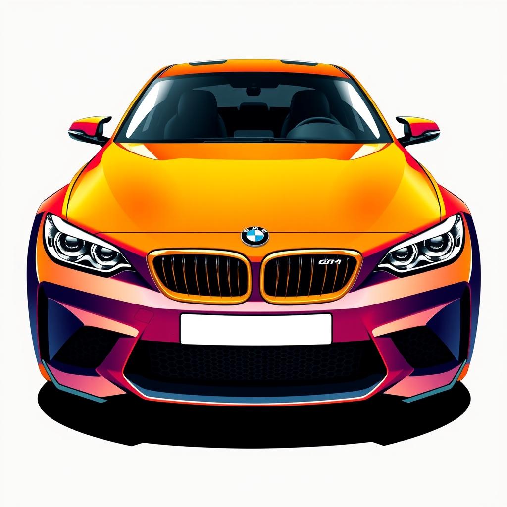 An illustration of a BMW M car from a front view, emphasizing its sporty design and aggressive stance