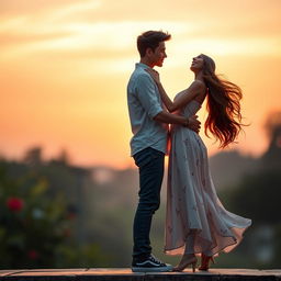 A romantic scene featuring two lovers standing in each other's arms