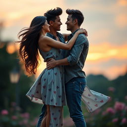 A romantic scene featuring two lovers standing in each other's arms