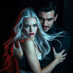 A captivating scene featuring a stunning albino maiden with long, flowing white hair and striking blue eyes, being embraced by a dark-haired, handsome Spaniard mafia man
