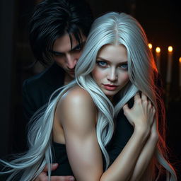 A captivating scene featuring a stunning albino maiden with long, flowing white hair and striking blue eyes, being embraced by a dark-haired, handsome Spaniard mafia man