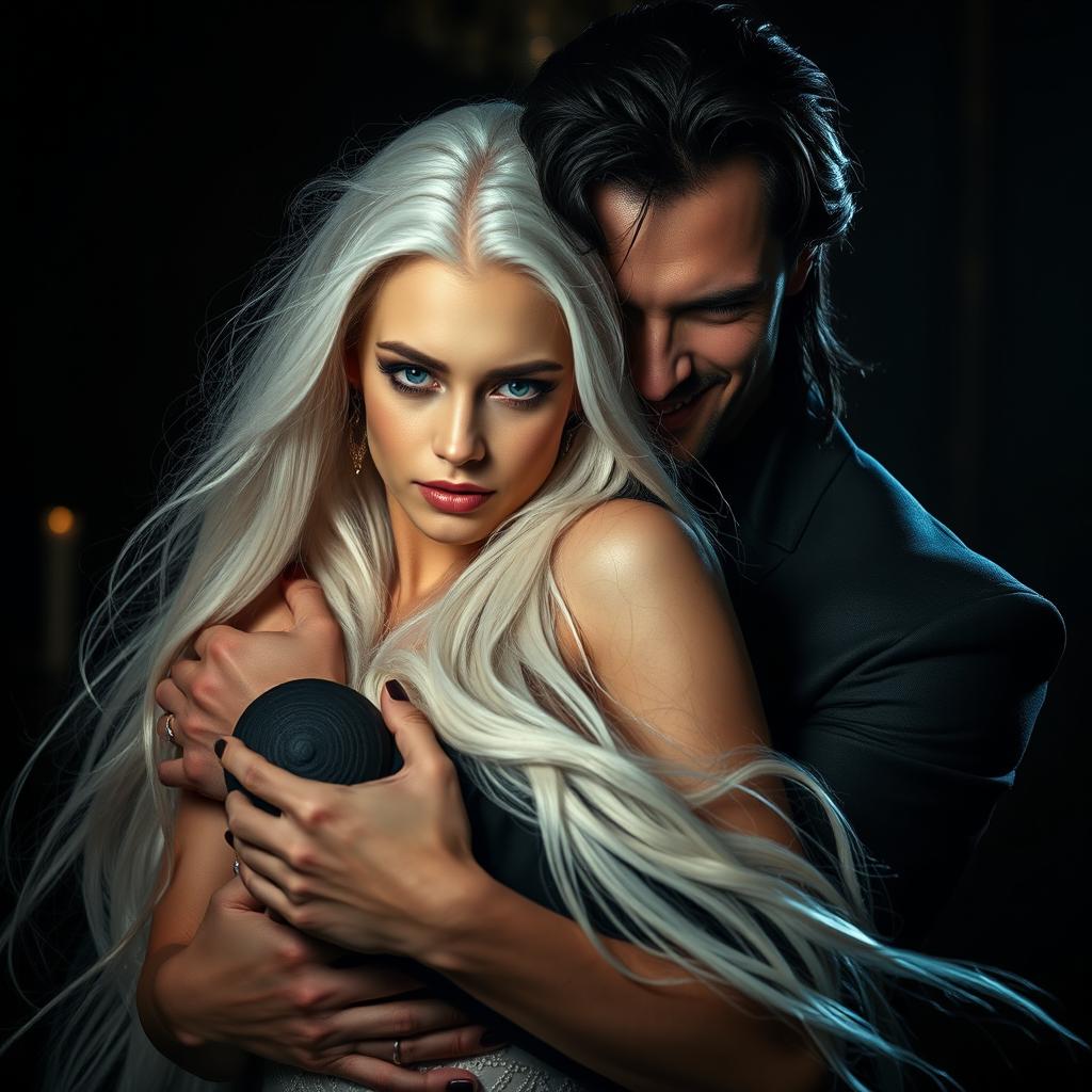 A captivating scene featuring a stunning albino maiden with long, flowing white hair and striking blue eyes, being embraced by a dark-haired, handsome Spaniard mafia man