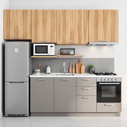 A modern kitchen featuring a lower cupboard in a sleek gray color paired with an upper wooden cupboard
