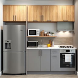 A modern kitchen featuring a lower cupboard in a sleek gray color paired with an upper wooden cupboard
