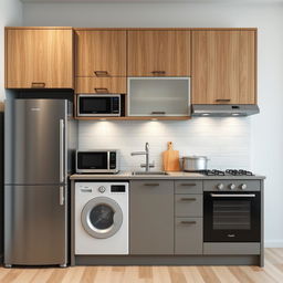 A modern kitchen featuring a lower cupboard in a sleek gray color paired with an upper wooden cupboard