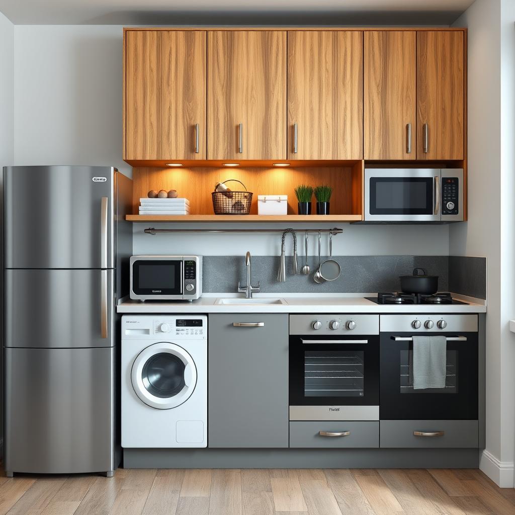 A modern kitchen featuring a lower cupboard in a sleek gray color paired with an upper wooden cupboard