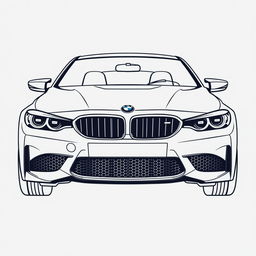 A linear illustration of a BMW M car from a front view, focusing on clean lines and contours that define its sporty aesthetic