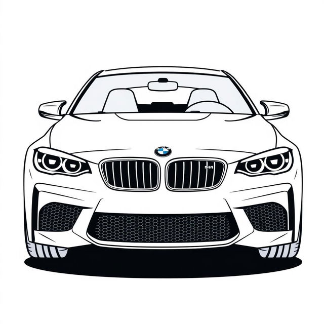 A linear illustration of a BMW M car from a front view, focusing on clean lines and contours that define its sporty aesthetic