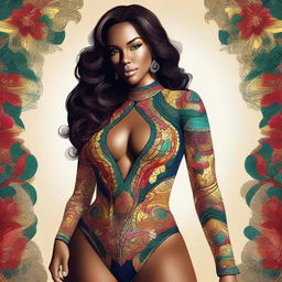 A digital art piece featuring an attractive woman in a fitted bodysuit