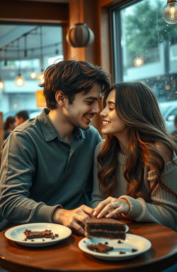 A romantic scene inspired by the essence of "Um ano" by Augusto Junior, depicting a couple in a cozy café