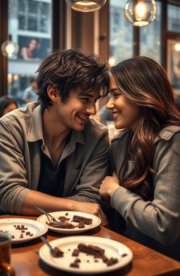 A romantic scene inspired by the essence of "Um ano" by Augusto Junior, depicting a couple in a cozy café