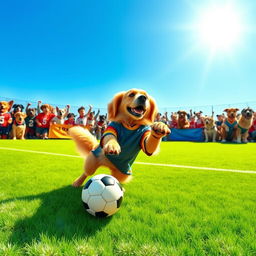 A lively scene depicting a soccer dog preparing to take a penalty kick on a vibrant green soccer field