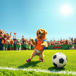 A lively scene depicting a soccer dog preparing to take a penalty kick on a vibrant green soccer field