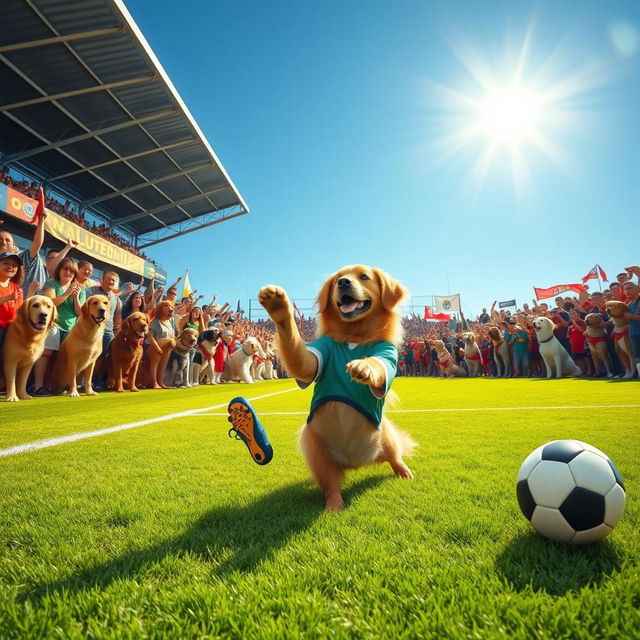 A lively scene depicting a soccer dog preparing to take a penalty kick on a vibrant green soccer field