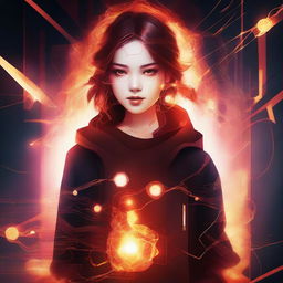 A digital art piece featuring a female teenager with a fiery, node-themed design