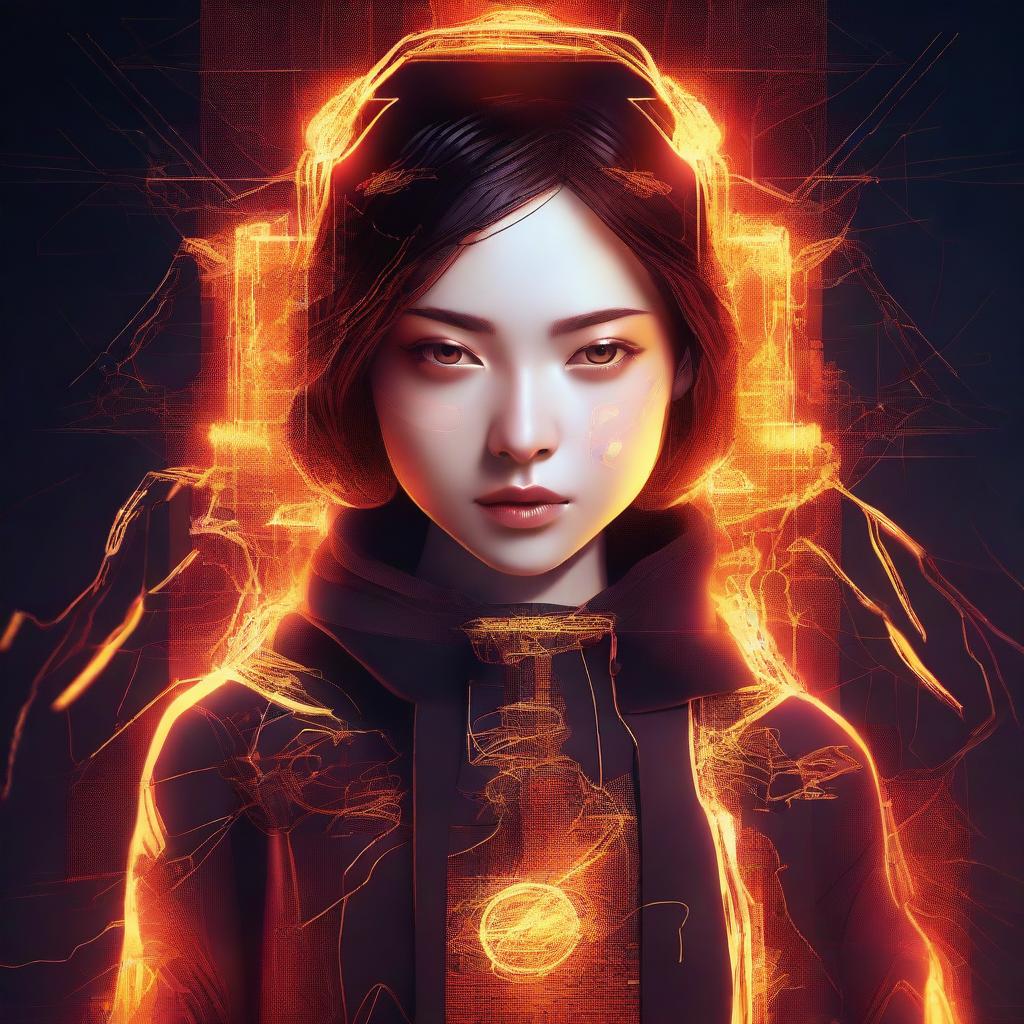 A digital art piece featuring a female teenager with a fiery, node-themed design