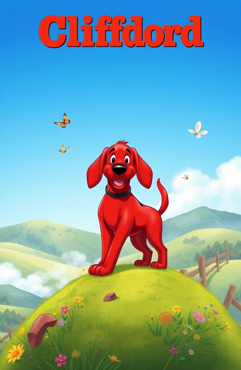 A majestic red dog named Clifford standing proudly on a grassy hilltop, overlooking a bright blue sky