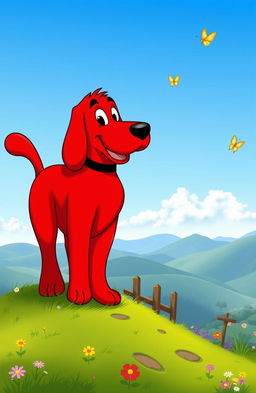 A majestic red dog named Clifford standing proudly on a grassy hilltop, overlooking a bright blue sky