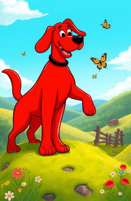 A majestic red dog named Clifford standing proudly on a grassy hilltop, overlooking a bright blue sky
