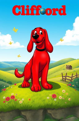 A majestic red dog named Clifford standing proudly on a grassy hilltop, overlooking a bright blue sky