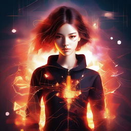 A digital art piece featuring a female teenager with a fiery, node-themed design