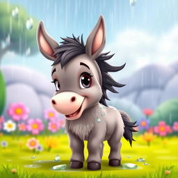 A charming animated style image of a small, wet donkey standing in a playful pose