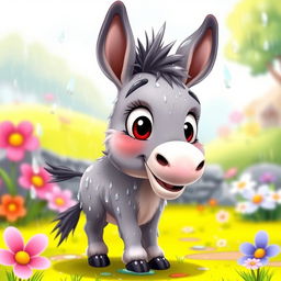 A charming animated style image of a small, wet donkey standing in a playful pose