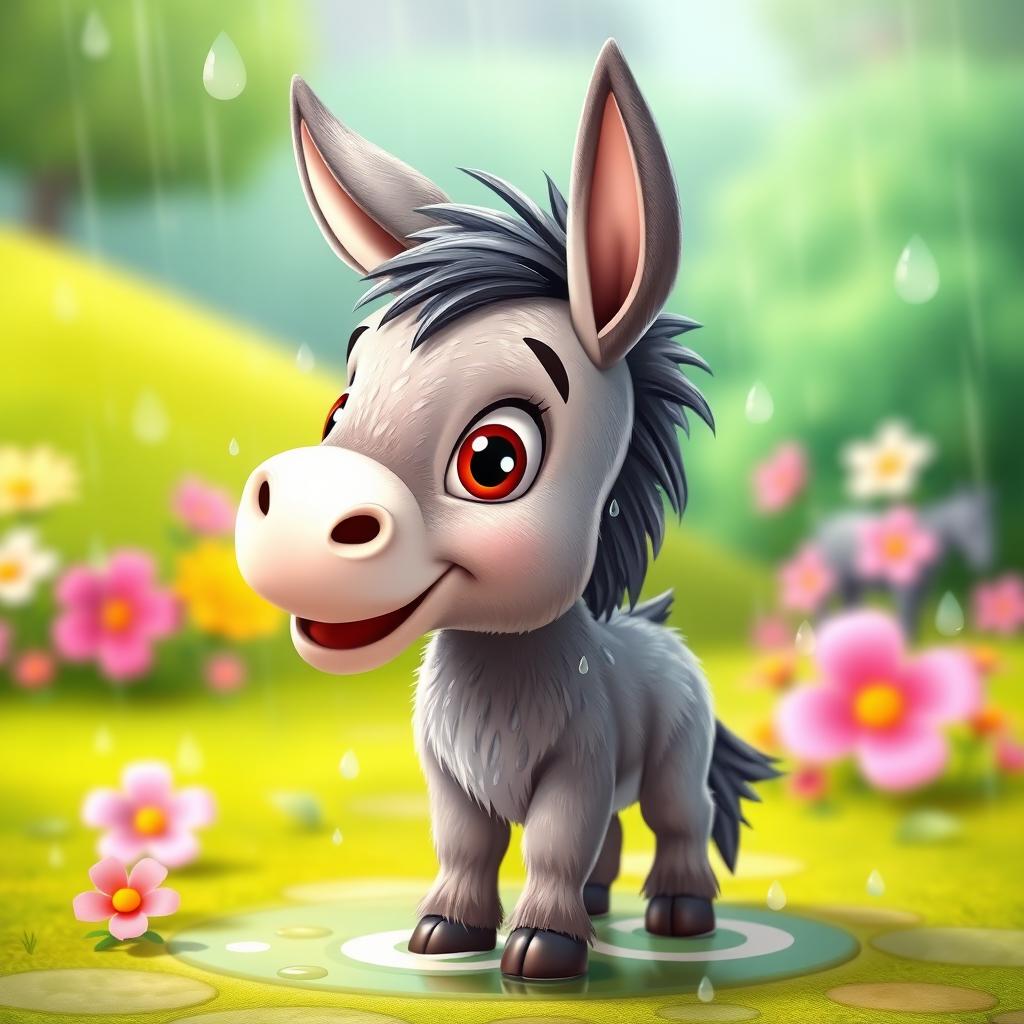 A charming animated style image of a small, wet donkey standing in a playful pose