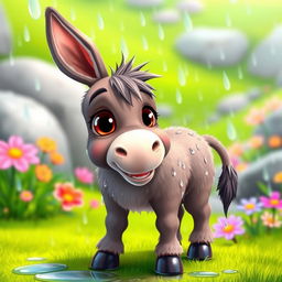 A charming animated style image of a small, wet donkey standing in a playful pose