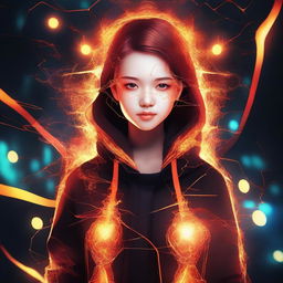 A digital art piece featuring a female teenager with a fiery, node-themed design